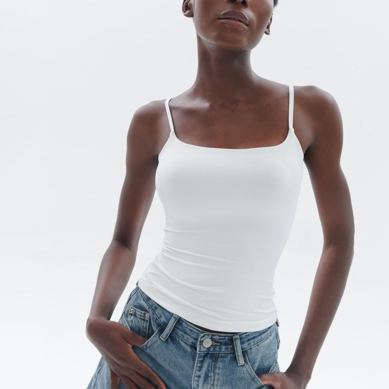 PUMIEY Women's Square Neck Tank Top Adjustable Spaghetti Straps Sleeveless