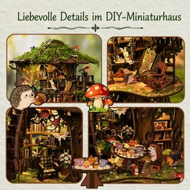 DIY Miniature House Kit, Forest Tea Book Club Fantasy Fairy Forest 3D Wooden Dollhouse with LED Light, Wooden Puzzle Building Model Kit, Stress Relief Creative Craft Gift for Adults Teens