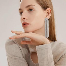 Peasimy Long Tassel Dangle Stud Earrings for Women Knot Linear Fringe Chandelier Earrings Wedding Prom Party Jewelry Gifts (Silver)