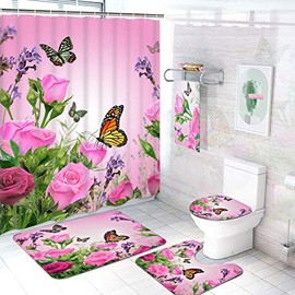 Ikfashoni 7 Piece Pink Rose Shower Curtain Set with Rugs and Towels, Include Non-Slip Rug, Toilet Lid Cover, Bath Mat and Towels, Floral Butterfly Shower Curtain with 12 Hooks for Bathroom