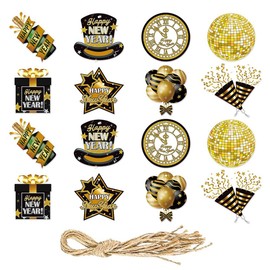 32 Pcs Happy New Year Hanging Ornament Decorations for Christmas Tree, Black Gold Hanging Slices Pendants with Ropes Decor for Merry Christmas Tree New Year Eve Party Home Decorations