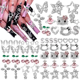 Hotlea 52 PCS 3D Nail Charms Y2K Butterfly Star Cherries Planet Heart Cross Dollars Chrome Nail Charms Silver Nail Rhinestones for Acrylic Nails Kawaii Nail Art Supplies