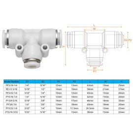 HARFINGTON 2pcs Push to Connect Fittings 5/16 Inch Tube OD x 1/4 Inch OD, Tee Plastic Quick Connect Air Hose Pneumatic Fitting Kit Reducing 3 Ways Push Lock Connector PE5/16-1/4, White