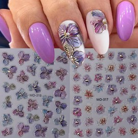 Purple Flower Nail Art Stickers Decals 5D Embossed Flowers Nail Decals 2PCS Metallic Self-Adhesive Purple Floral Nail Stickers Nail Art Supplies Flower Stickers for Women DIY Manicure Nail Decorations