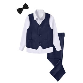 SaiLiiny - Traje de 4 piezas para niños, ajuste delgado, conjunto de chaleco, vestido formal negro y azul para niño, Azul marino 1 , 16