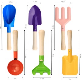 Egashow Egashow 6 PCS 8" Kids Garden Tools, Made of Metal with Sturdy Wooden Handle, Beach Snow Toys Cylinder, Spoon, Fork, Rake, Flat & Pointed Shovels for Children