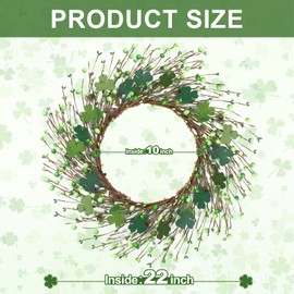 St. Patrick's Day Shamrock Wreath: 22 Inch Wooden Irish Decoration with Green Berries & Sprigs for Home, Door, Party Festive Decor
