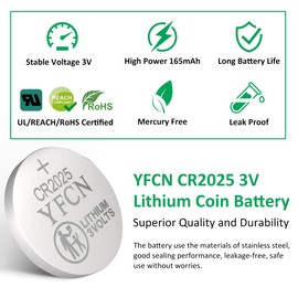 YFCN CR2025 Battery 3V Lithium Battery 10 Count Pack CR2025 Batteries for Key Fobs, Remote Control, lED Candles, Thermometers - CR 2025 Coin Cell Batteries - 5 Years Shelf Life