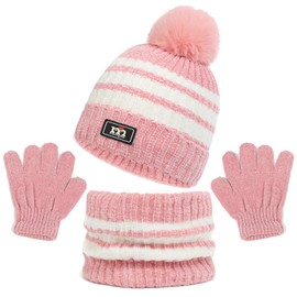 3Pcs Kids Hat Scarf Gloves Set, Pom Fleece Lined Stripe Beanie Hat, Stripe Knit Thermal Neck Warmer and Gloves Sets for Age 2-8, Winter Children Warm Accessories Sets for Outdoor (Pink)