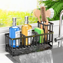TomCare Extra Large 11'' Sink Caddy With Drain Tray Non-slip Kitchen Sink Organizer With 2 Adjustable Dividers High Brush Holder Rustproof Sponge Holder Kitchen Storage Accessories for Counter