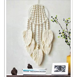 AMIPOS Cotton Woven Macrame Dream Catcher Feather Tassel Wall Hangings Handmade Bohemian Home Wall Decor (Beige)