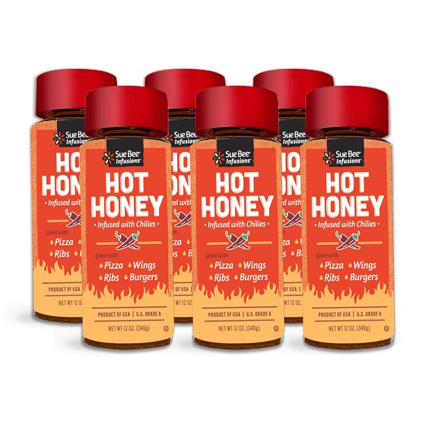 Sue Bee Infusions Hot Honey, 12 Ounce (Pack of 6) Sue Bee Chili Infused Hot Honey For Ribs, Wings, Burgers