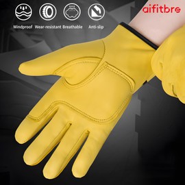 aifitbre Leather Work Gloves for Men & Women, Cowhide Gardening Gloves Mechanic Gloves, Extra Soft and Hands Protection, Cut Resistant Work Gloves for Gardening Carpentry Handling, Yellow, L