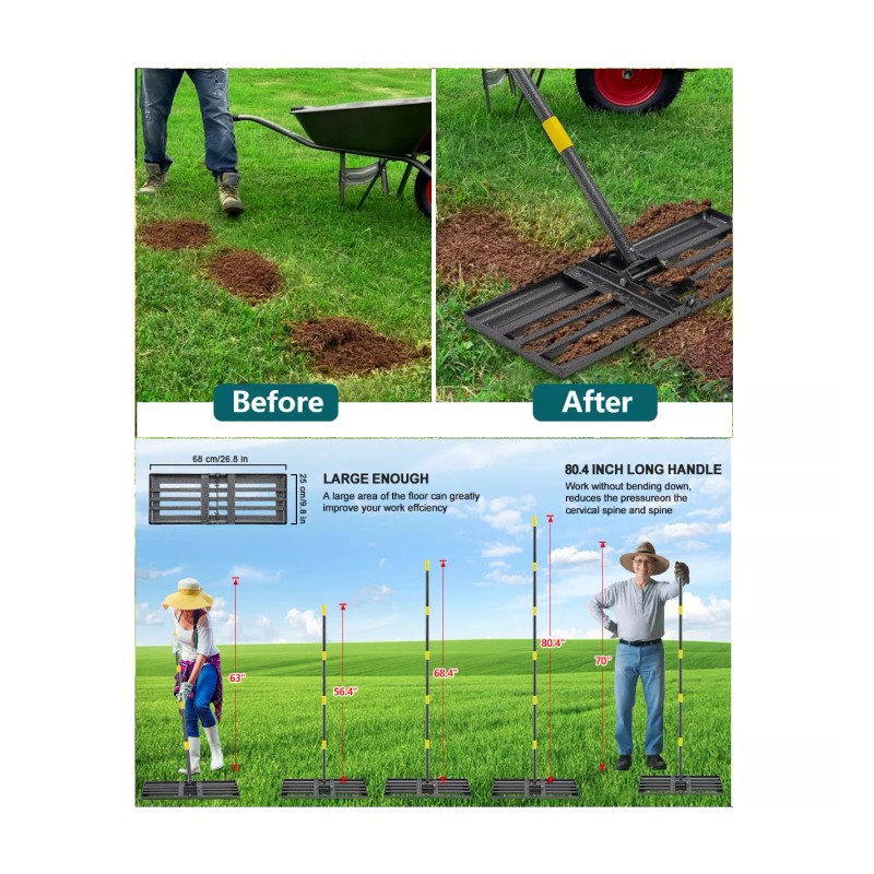 Nicecho Heavy Duty 17"x10" Lawn Leveling Rake w/ 60"L Adjust