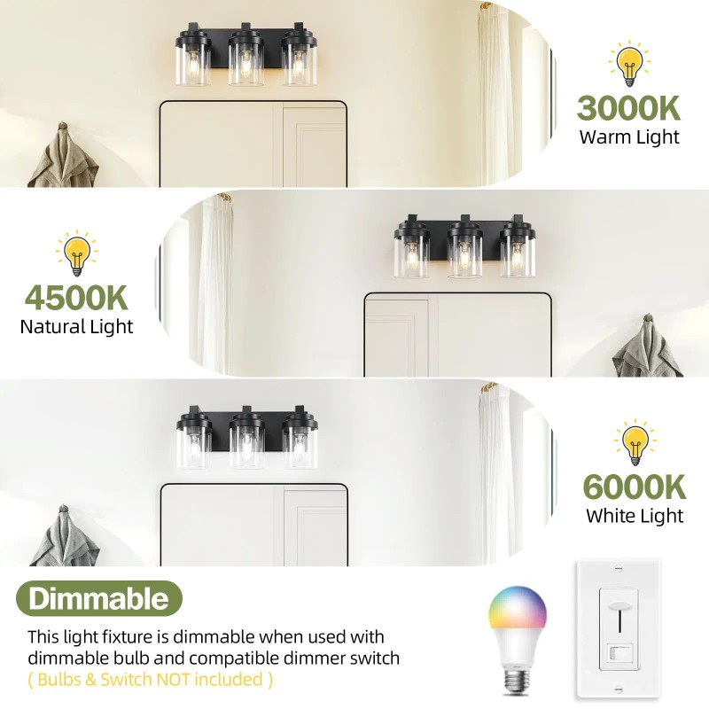 Matte Black 3-Light Bathroom Vanity Light Clear Glass Shade with