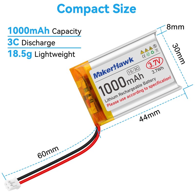 MakerHawk 3.7V Lipo Battery 1000mAh 803040 Rechargeable Lithium Polymer Battery