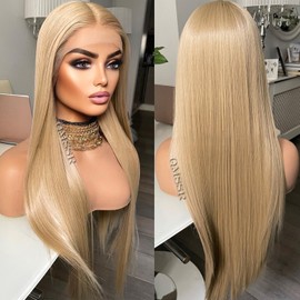 QMSSR Synthetic Lace Front Wig 13x6 Blonde Lace Front Wigs Pre Plucked Hairline Long Straight Hair Wigs for Black Women Free Part Lace Front Synthetic Wig Glueless Heat Resistant Fiber Hair Wig