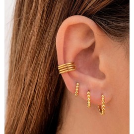 Sterling Silver Hoop Earrings for Women Grils | 3 Pairs Small Gold Hypoallergenic Ball Sleeper Huggie Hinged Hoops Set Jewelry Gifts for Birthday Wedding Multiple Piercing, 8/10/12mm