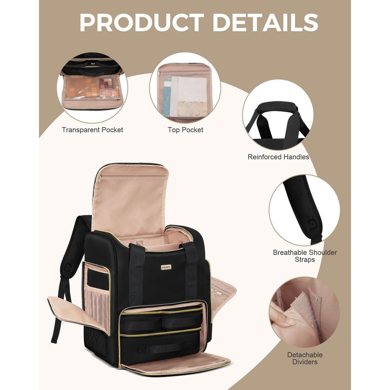 BAFAMYE Large Travel Makeup Bag with 2 Removable Case, Dual-Shoulder