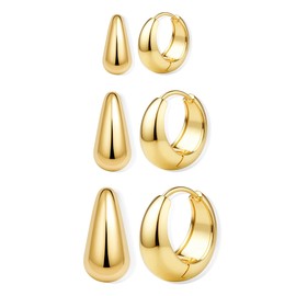 3Pairs 14K Gold Plated Hoop Earrings Set for Women Chunky Earring Silver Plated Hypoallergenic Small Huggie Hoops Lightweight Tiny Thick Trendy Hoop Earrings Stacks for Multiple Piercing(14k gold plated)