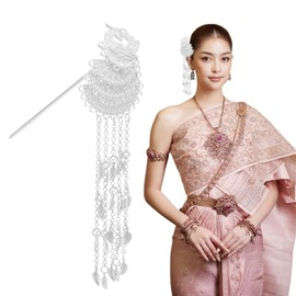 Chinese Peacock-Shaped Hair Stick Thai Traditional Hair Stick for Buns, Vintage Tassel Hair Fork Hanfu Hair Accessories for Women Girls (Silver)
