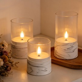 Fanna 3 Flameless LED Candles with Timer Function in Marble Texture, Battery Operated Glass Candles for Home Decor and Table Centerpieces, Gray and White Design - H 4" / 5" / 6"