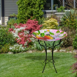 Alpine Corporation Alpine KBD116A-18 Glass Birdbath with Metal Stand, Floral Butterfly Bowl for Outside, 26" H Bird Bath, Multicolor