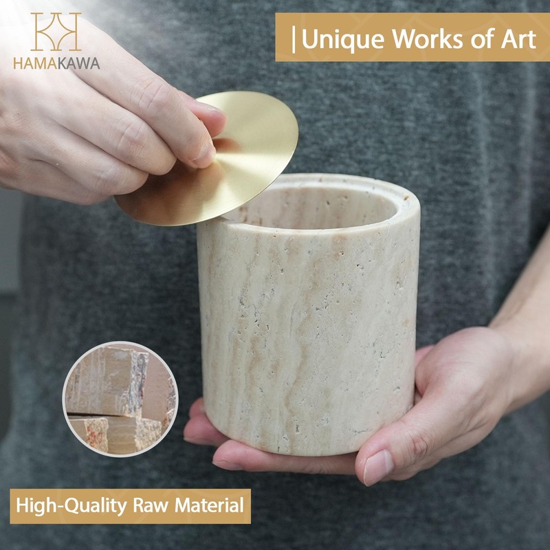 HAMAKAWA Nartural Marble Qtip Holder with Brass Lid, Beige Travertine
