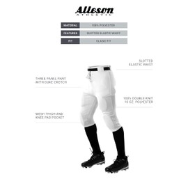 Alleson Athletic Boys Premium Football Pants for Youth, Ideal for Practice and Game Day, White, X-Large