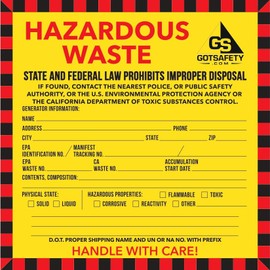 Hazardous Waste Labels California According to Federal Laws, 6" x 6" Pack of 100, Yellow and Red Label Self-Adhesive Hazardous Waste Signs Weatherproof Easy to Use On Hazardous Waste Containers.