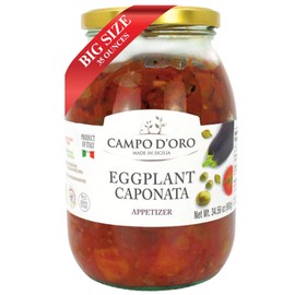 Sicilian Eggplant Caponata, Appetizer, Big Jar 34.5 oz, Sicilian recipe for Antipasto, side dish or pasta with Eggplant, Tomato, Onion, Celery, Olives and Capers. 100% Made in Italy, Campo D'Oro