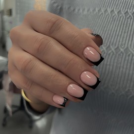 Black French Tip Press on Nails Short Square Nails Press ons French Tip Glue on Nails for Women DIY Acrylic French Nails Short Gel Nails, Natural Thick Extra Short French Fake Nails 30Pcs 15 Sizes