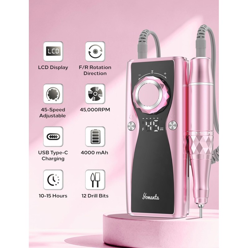 Electric Nail Drill Professional Kit: 45,000 RPM USB Rechargeable Efile