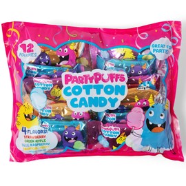 PartyPuffs Cotton Candy Variety Pack – 12 Individually Wrapped .5oz Metallic Pouches, 4 Fun Flavors: Strawberry, Green Apple, Blue Raspberry & Tropical Punch – Perfect for Parties, Birthdays