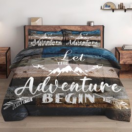 WeCozy Queen Size Comforter Set with 2 Pillowcases, Camp Adventure Motivational 3 Pcs Bedding for Kids and Adults, Vintage Inspirational World Soft Comforter Set for Bedroom Bed Decor