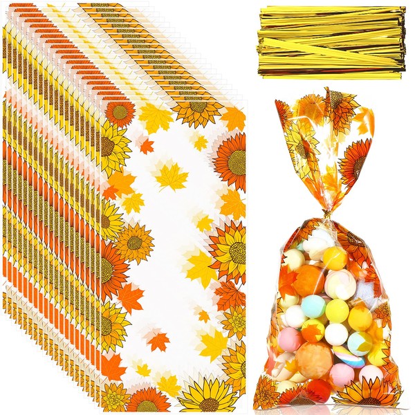 100 Pieces Fall Cellophane Bags Sunflower Treat Bags Fall Candy Bags Sunflower Party Decorations Plastic Goodie Storage Bag with 100 Pieces Twist Ties for Thanksgiving Christmas Birthday Party Favor