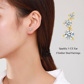 Sterling Silver Stud Earrings for Women, Cubic Zirconia Ear Curve Climber 3 CZ Cluster Cartilage Earrings Upper Ear Helix Piercing Tragus Studs for Girls Gifts, Gold