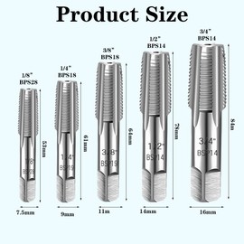 Tap Set, 5 Piece BSP Pipe Tap Set, 1/8 Inch, 1/4 Inch, 3/8 Inch, 1/2 Inch, 3/4 Inch 3/4 Inch BSP Tap Set, Carbon Steel Hand Tap for Accurate Threads