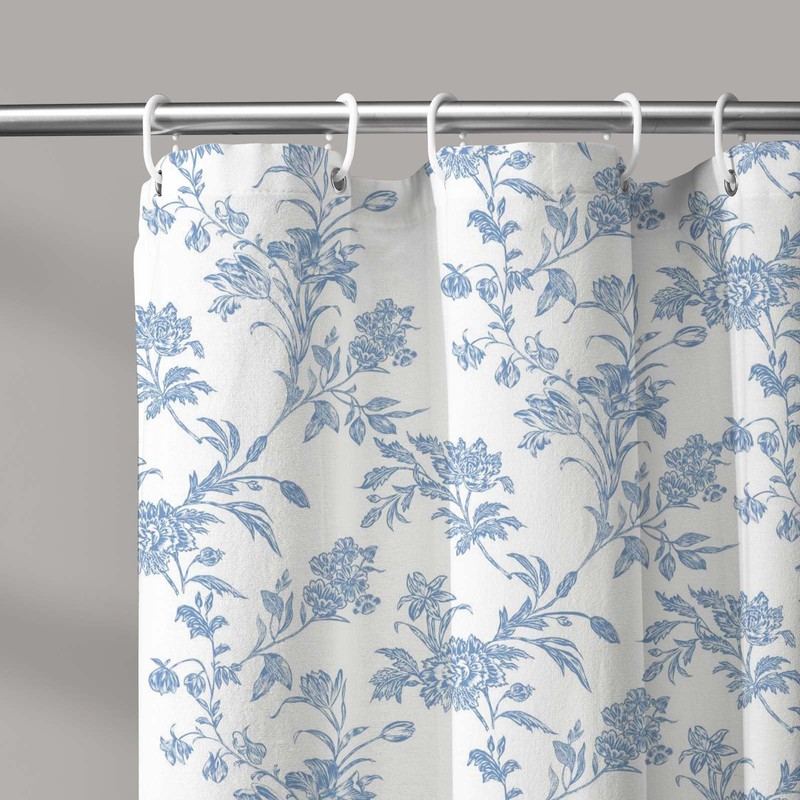 Extra Long Shower Curtain Blue Floral Cotton Cottagecore Shower Curtain