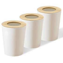 Ciao Stilista White Trash Can for Bedroom with Bamboo Lid, 2.4 Gallon Open Top Trash Can 3 Pack, Modern Aesthetic Garbage Can for Room Office Living Room, Small Bathroom Trash Bin Boho Style