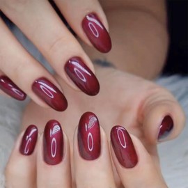 EternalClassic Red Chrome Press on Nails Short Oval Mirror Metallic Press on Nails Chrome Fake Nails, Chrome Nails Press on 24Pcs Glue on Nails Glossy Stick on Nails for Women