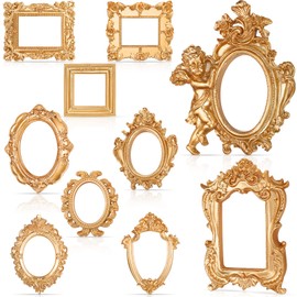 Yulejo 10 Pcs Vintage Resin Picture Frame Antique Vintage Collage Photo Frame Mini Oval Rectangle Wall Hanging Frames for DIY Jewelry Display Home Decor, Without Glass or Backing (Gold)