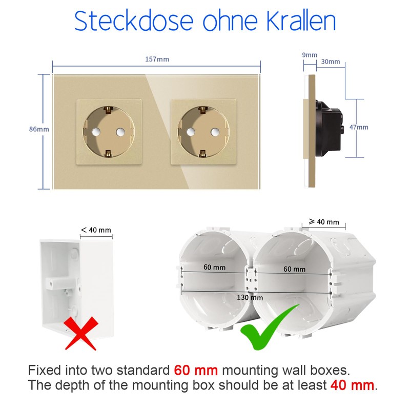 CNBINGO Glass Schuko Socket, Flush-Mounted, Double Wall Socket, Gold, with