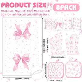 Teenyyou 8 Pcs Pink Bows Kitchen Towels Pot Holders and Oven Mitt Set Coquette Kitchen Accessories 4 Dish Towels 2 Absorbent Square Potholders 2 Heat Resistant Glove for Cooking Baking Home Gifting