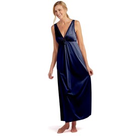 Miss Elaine Nightgown - Women's Silky Fitted Long Gown, Vintage Style, with a Deep V-Neckline (3X, Navy)