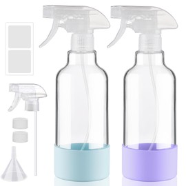 Glass Spray Bottles with Silicone Sleeve, 2 Pack 16 oz Refillable Containers with Adjustable Spray Nozzles, Empty Bottle Spray for Cleaning Solutions, Hair, Plants (Light Blue+Purple)