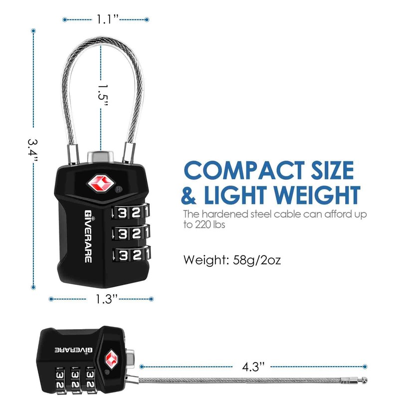 2 Pack TSA Approved Travel Luggage Locks, Cable Combination Lock