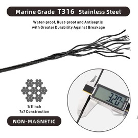 500FT T316 Black Stainless Steel Cable With Cutter, 1/8" Wire Rope, Clothes Line, Trellis Wire, 1850 lb Breaking Strength, 7x7 Strands Aircraft Cable for Stair Fence Deck Railing Kit