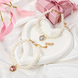 Tyqour 2pcs Cute Girl Cat Collar, Fancy Dog Pearl Necklace Collar Adjustable Pearl Dog Cat Collar with Small Heart Shape Rhinestone for Small Dogs and Cats, Pink Heart + White Heart