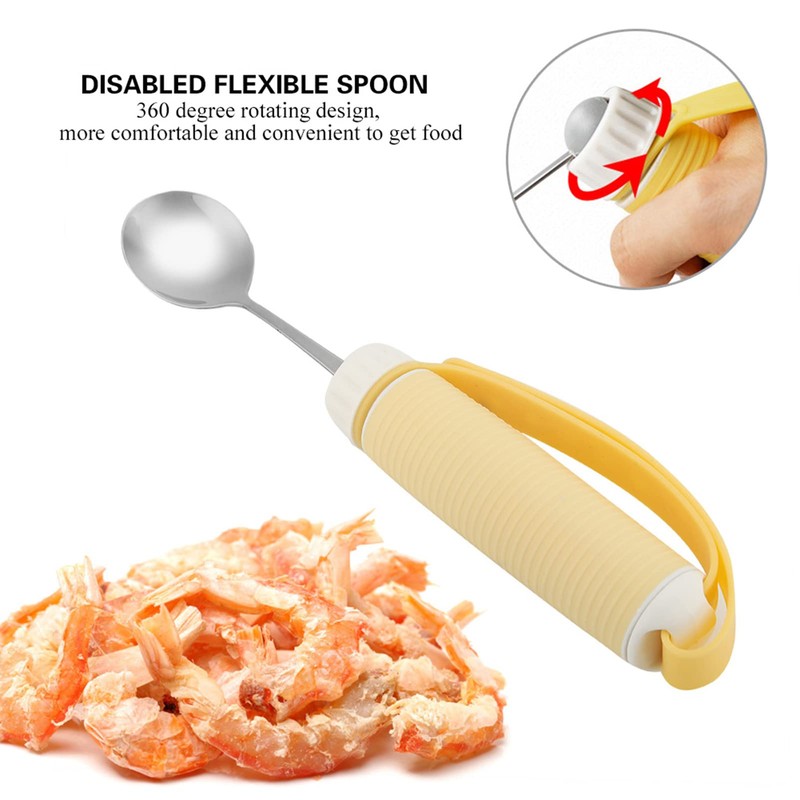 Adaptive Utensils, Flexible Fork/Spoon with Adjustable Strap, Rotatable Tip and